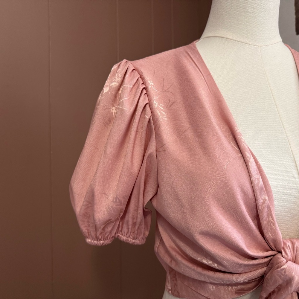 Lulus Pink Floral Satin Wrap Blouse - Picture 7 of 13
